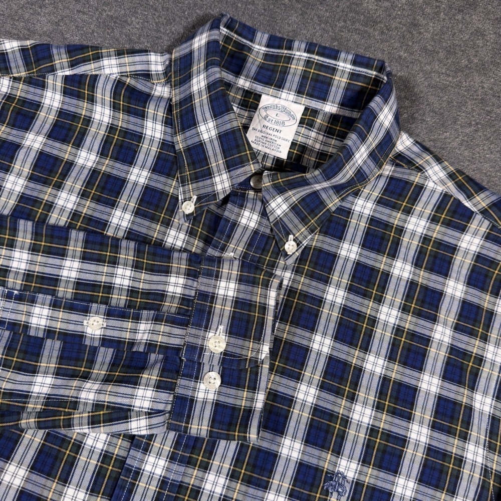 Brooks Brothers Button Down Shirt Mens L Plaid Regent Non-Iron Oxford Cotton